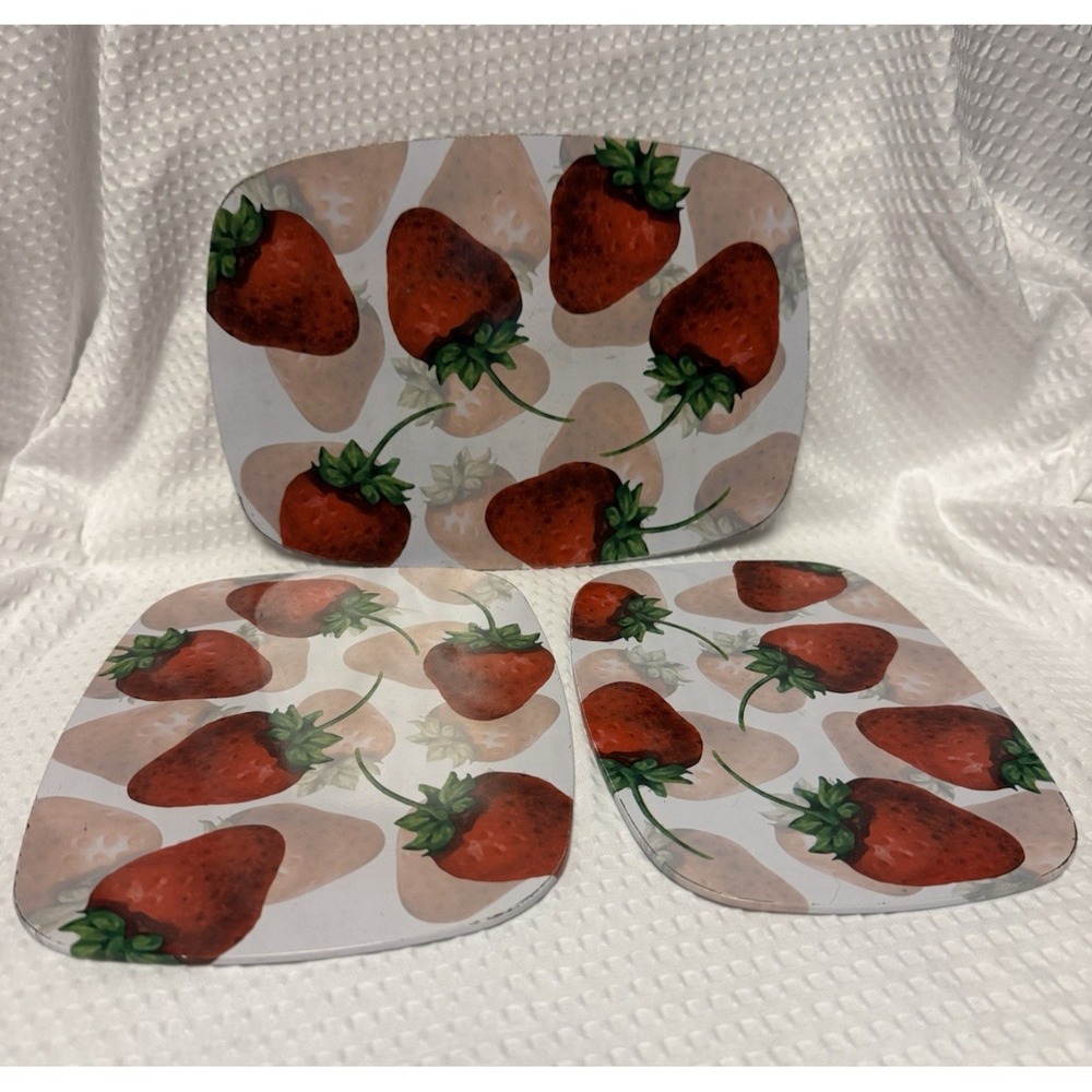 Vinatge Strawberry Tin Metal Serving Trays Set of 3 Retro Kitchen Decor Oval